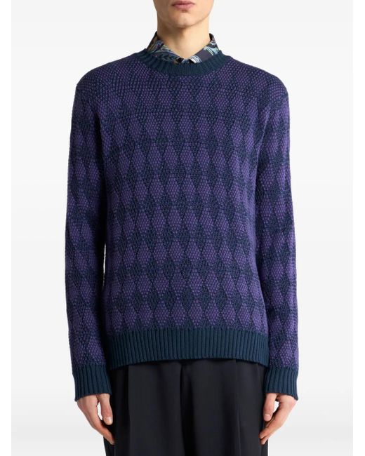 Etro Blue Jacquard Diamond-Pattern Sweater for men