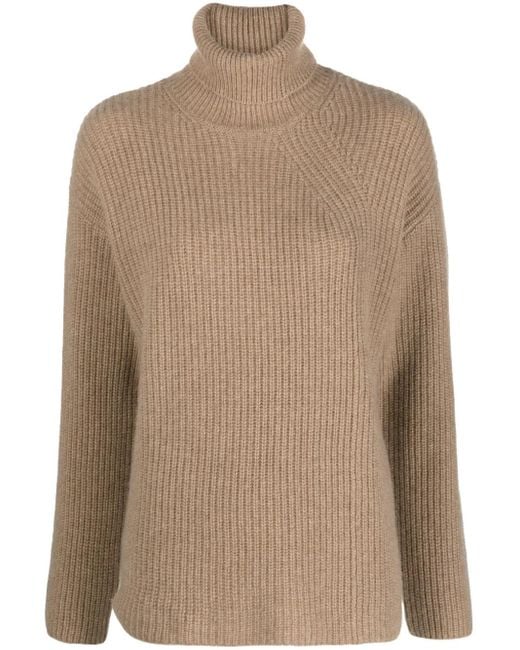 P.A.R.O.S.H. Brown Ribbed-Knit Cashmere Rollneck Jumper