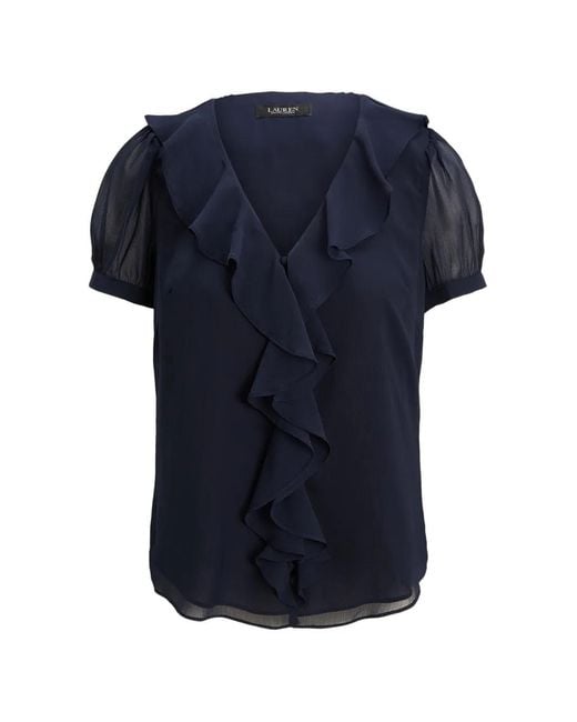 Ralph Lauren Blue Blouse Volantée À Col V