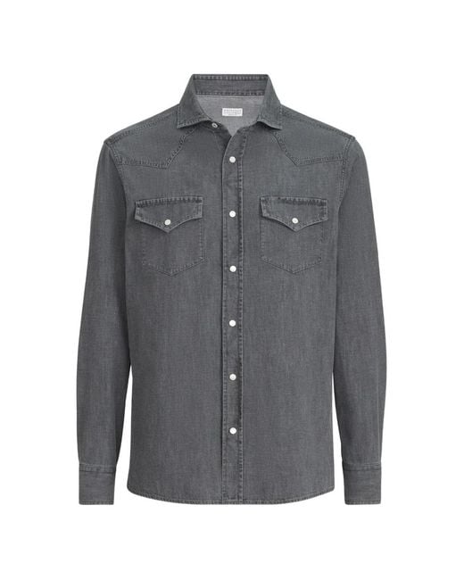 Brunello Cucinelli Gray Lightweight Denim Easy-Fit Western Shirt for men