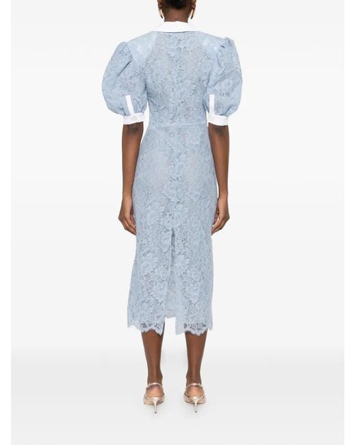 ROWEN ROSE Blue Robe Mi-Longue En Dentelle À Manches Bouffantes