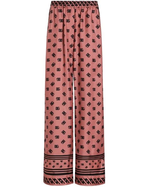 Dolce & Gabbana Red Silk Logo Print Wide-Leg Trousers
