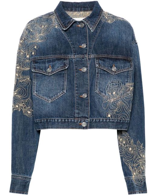 Isabel Marant Blue Embroidered Cropped Denim Jacket