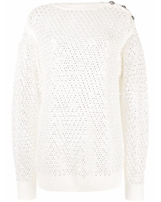 Philipp Plein White Pointelle-knit Crystal-embellished Jumper