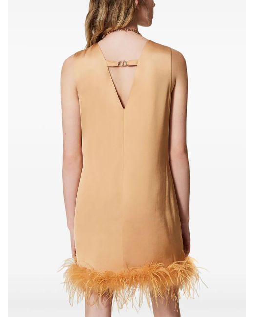 Twinset Natural Feather-Detail Satin-Finish Mini Dress