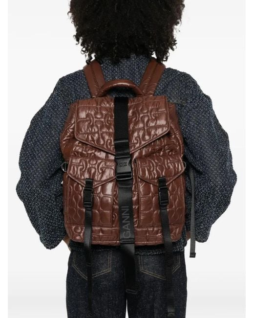 Ganni Brown Quilted-Design Backpack