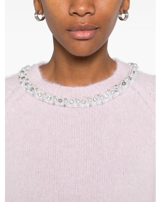 Maje Pink Beaded-Collar Round-Neck Sweater