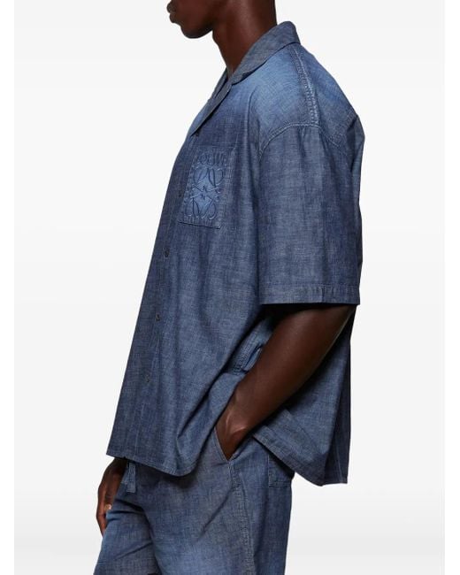 Loewe Blue Embroidered-Pocket Short-Sleeve Shirt for men