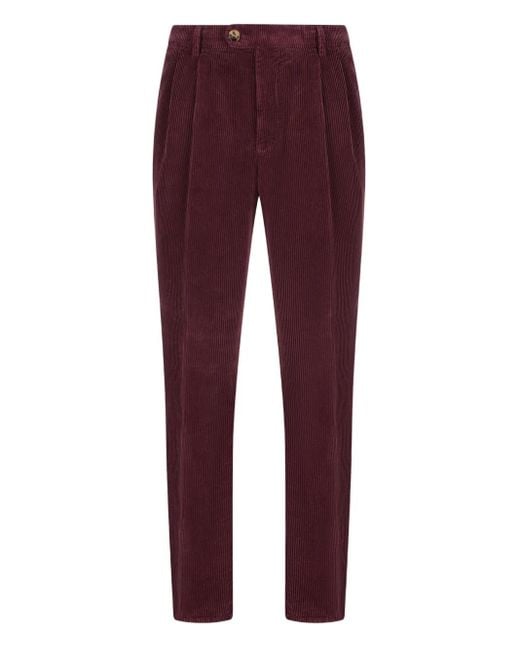 Brunello Cucinelli Red Pleated-Front Corduroy Trousers for men