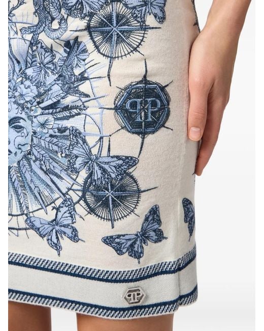 Philipp Plein Blue Knitted Mini Skirt Butterfly Tattoo