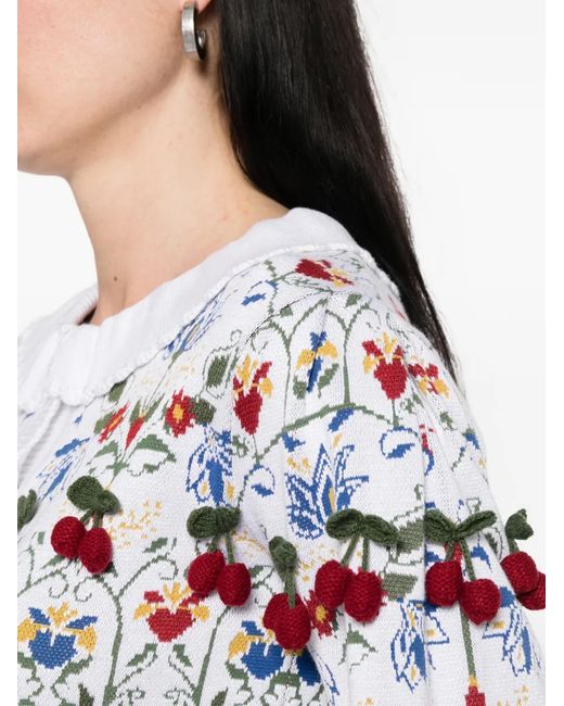 Farm Rio White Cherry-Appliqué Cardigan