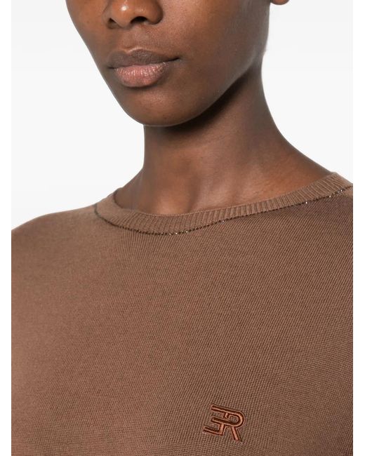 ERMANNO FIRENZE Brown Logo-Embroidered Bead-Embellished Sweater
