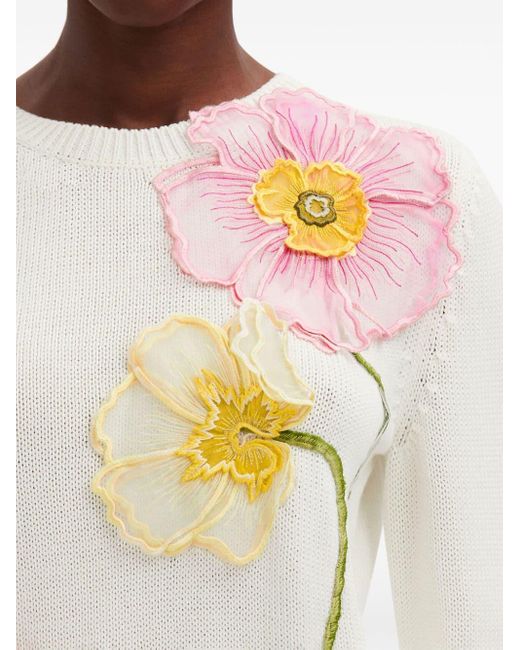 Oscar de la Renta White Painted Poppies-embroidered Cotton Jumper