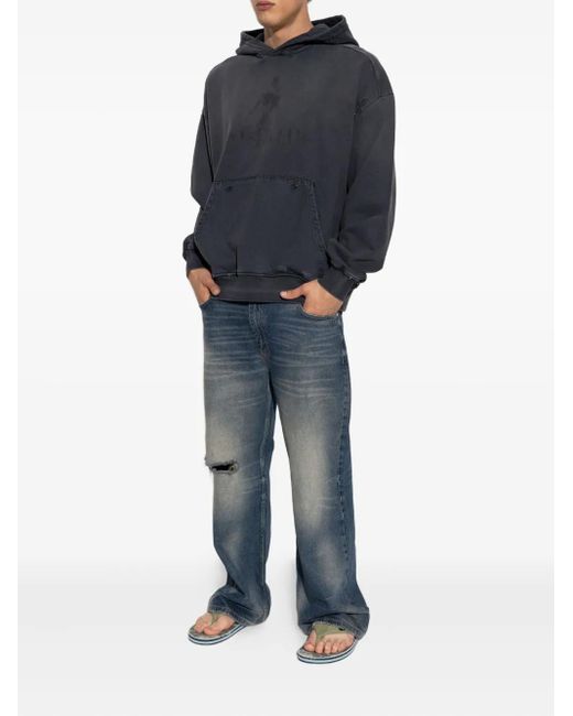 M I S B H V Blue Graphic-Print Distressed Cotton Hoodie for men