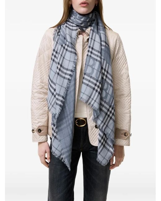 Burberry Blue Wide Knight Check Wool-Silk Scarf