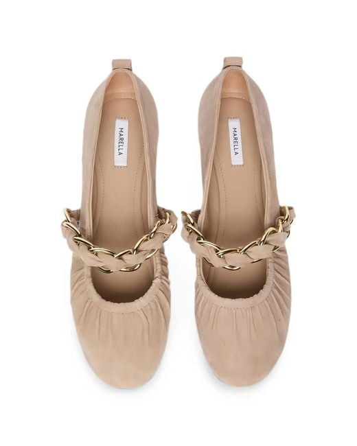 Manila Grace Natural Chain-Link Suede Ballet Flats