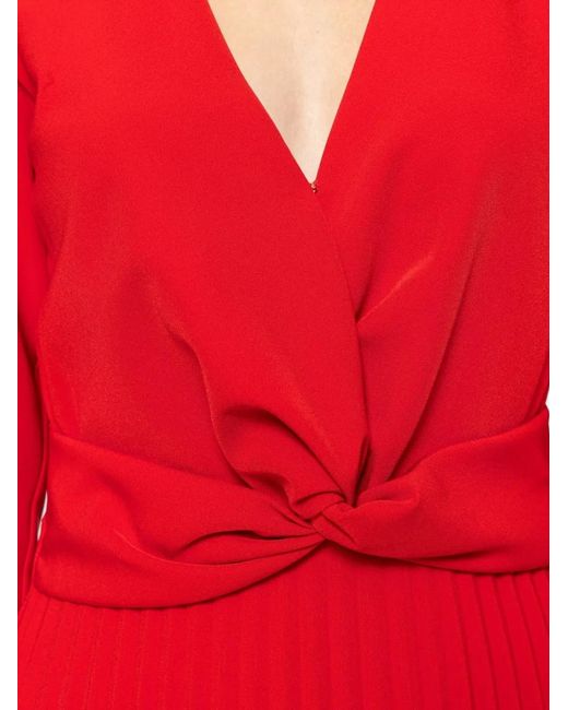 Nissa Red Pleated V-Neck Midi Dress