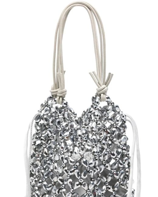 Staud White Karla Beaded-Mesh Drawstring Tote Bag