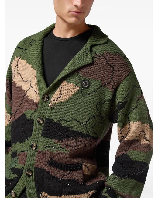 Philipp Plein Green V-Neck Intarsia-Knitted Cardigan for men
