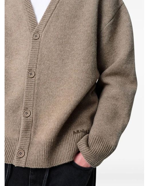 Axel Arigato Natural Relaxed Fit V-Neck Wool Cardigan With Embroidered Logo for men