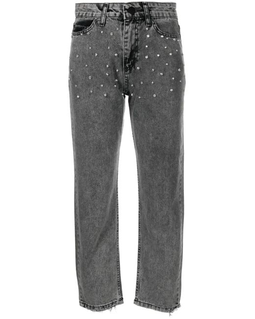 Ana Radu Gray Crystal-Embellished Cropped Jeans