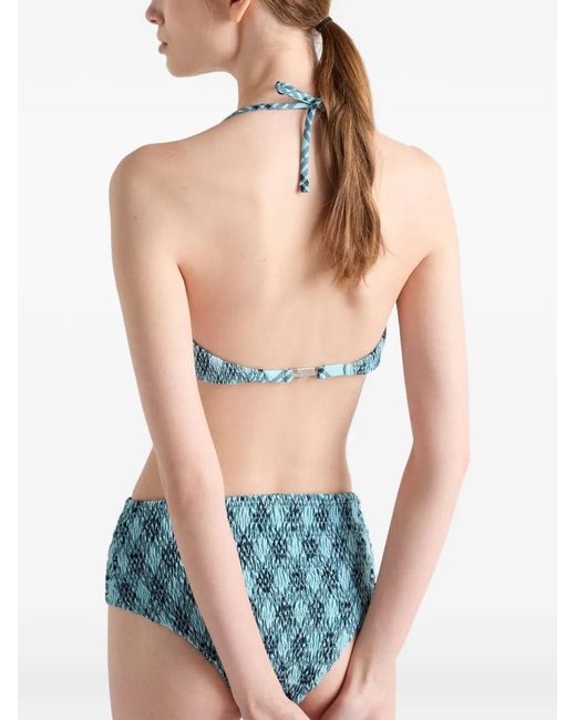 Prada Blue Checked Print Jersey Bikini Top