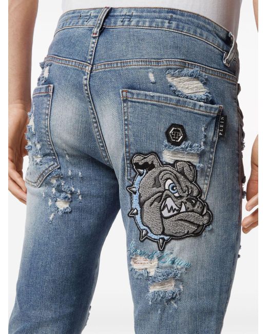 Philipp Plein Blue Ripped-detail Stonewashed Skinny Jeans for men
