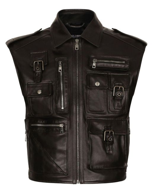 Dolce & Gabbana Black Bullhide Leather Cargo Gilet for men