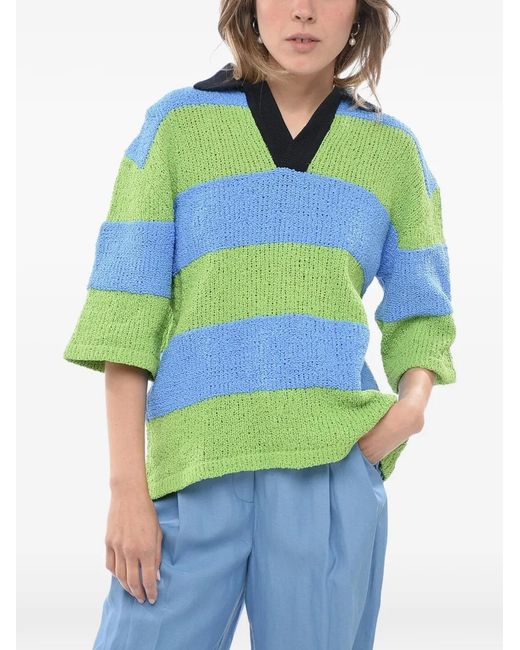 Sunnei Green Striped Polo-Collar Top