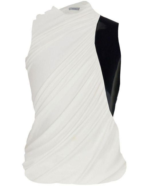 Ferragamo White Leather-panel Draped Sleeveless Top