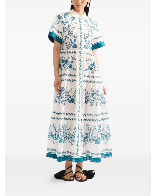 Erdem Blue Botanical-Print Tiered Maxi Shirt-Dress
