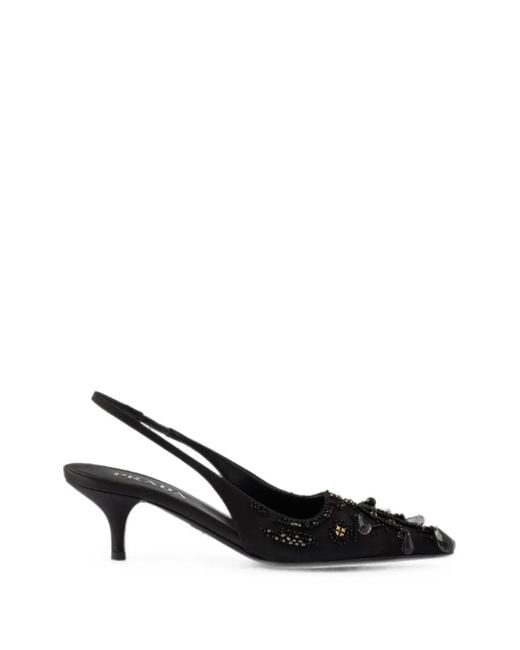 Prada Black Embroidered Satin Slingback Pumps