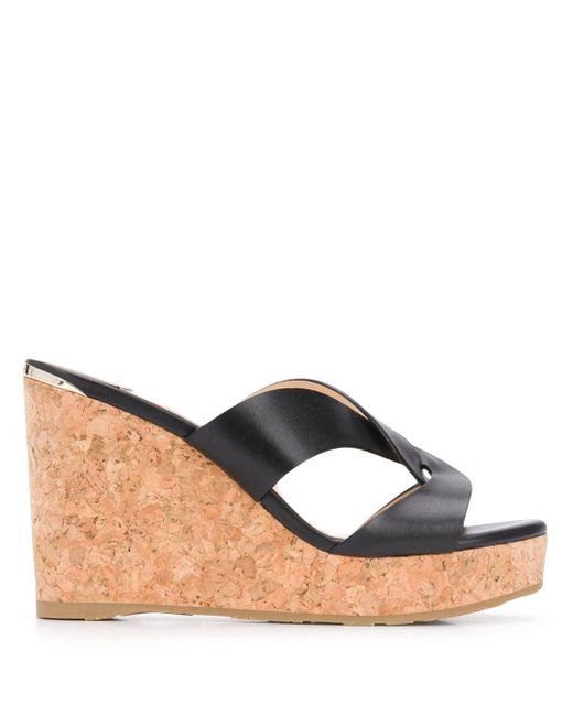 Jimmy Choo Leather Atia 100mm Wedge Sandals in Black - Lyst