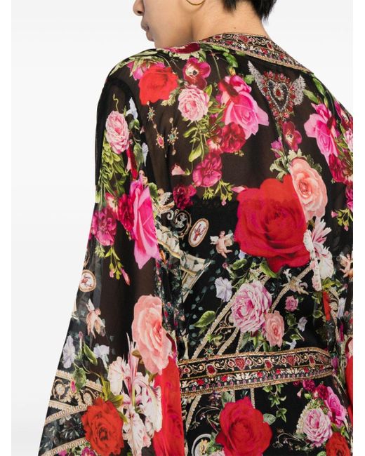 Camilla Red Floral-print Blouson-sleeve Poncho
