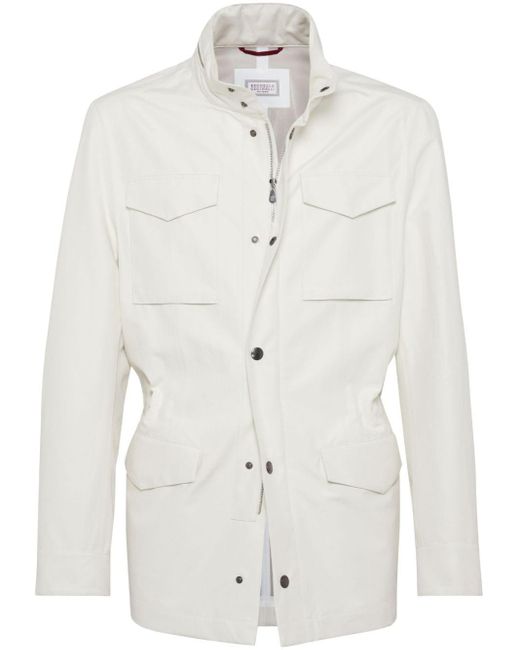 Brunello Cucinelli White Stand-up Collar Linen-blend Coat for men