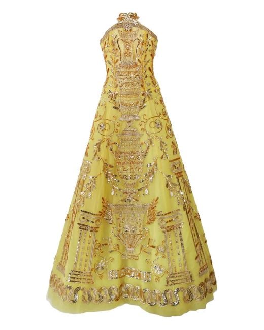 Carolina Herrera Yellow Embroidered Tulle Strapless Ball Gown