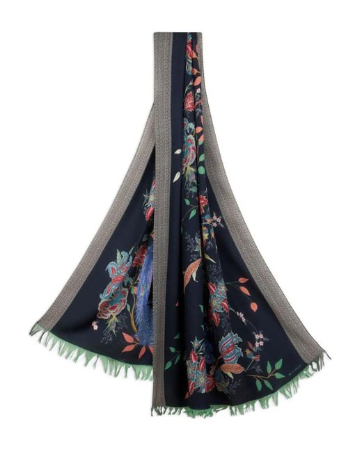 Etro Blue Peacocks-Print Wool Scarf for men