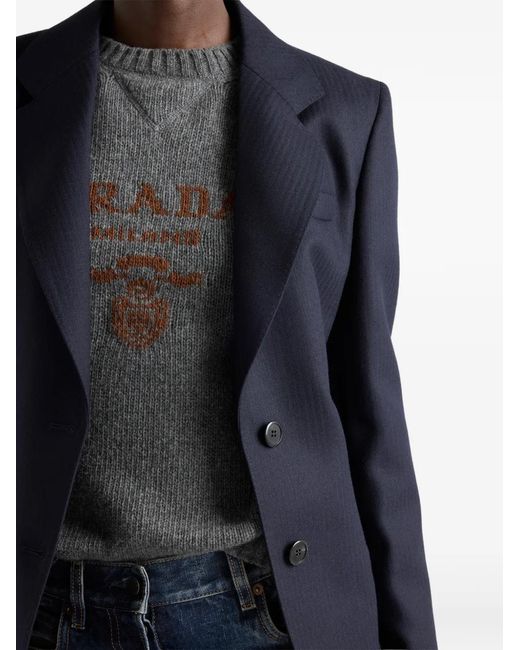 Prada Gray Intarsia-Logo Crew-Neck Sweater