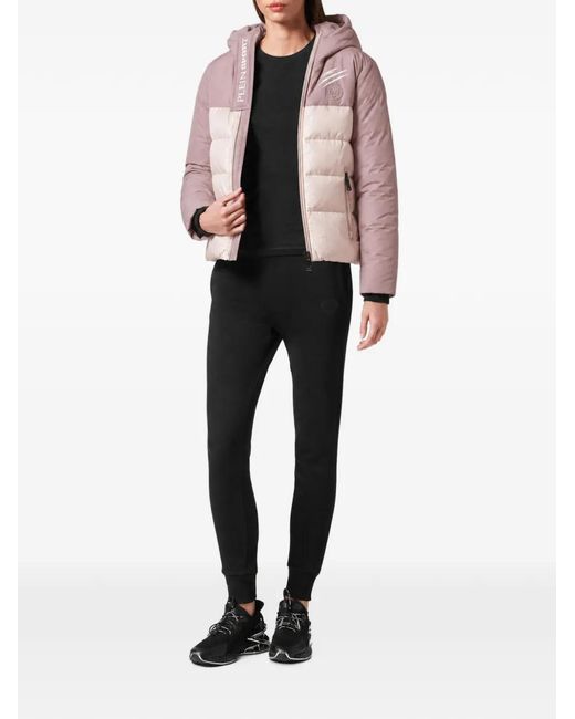 Philipp Plein Pink Scratch Logo-Patch Puffer Jacket