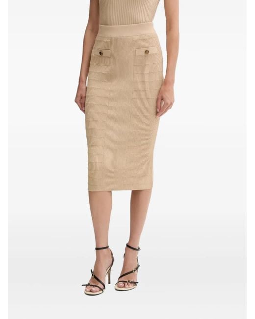 Guess Geribbelde Midi-Rok Met Knoopdetail in het Natural