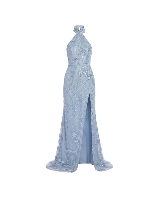 Saiid Kobeisy Blue Sequin-Embroidered Halterneck Maxi Dress