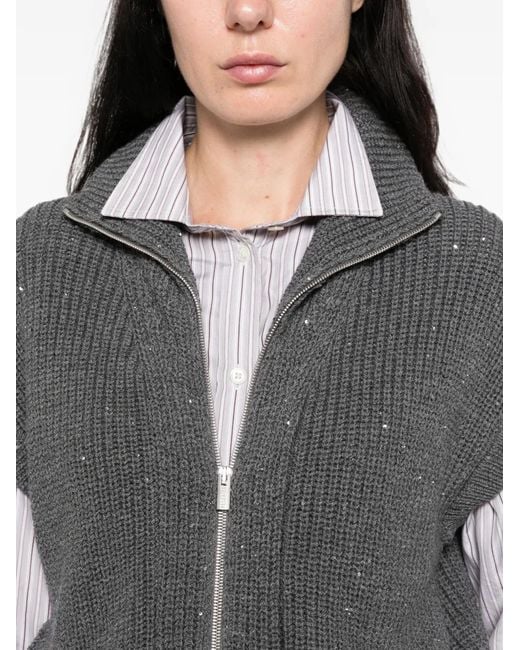 Peserico Gray Sequin-Embellished Ribbed Sleeveless Cardigan