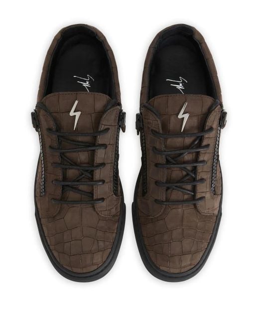 Giuseppe Zanotti Brown Frankie Crocodile-Effect Zip Sneakers for men