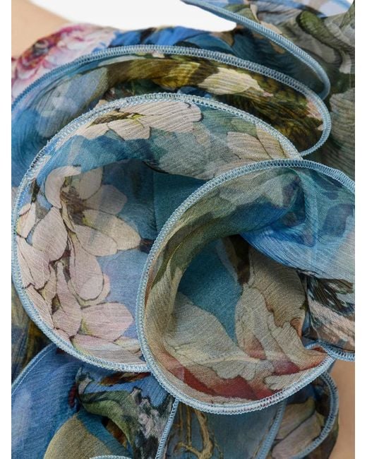Nissa Blue Ruffled Floral Print Midi Dress