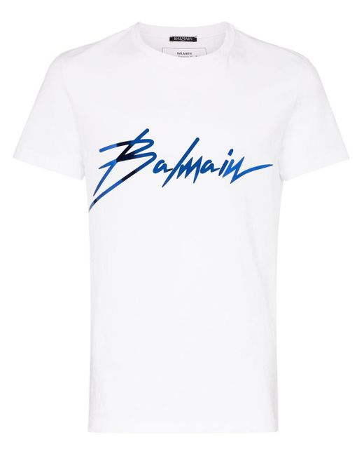 Balmain Metallic Script Logo Cotton T-shirt in White for Men | Lyst Canada