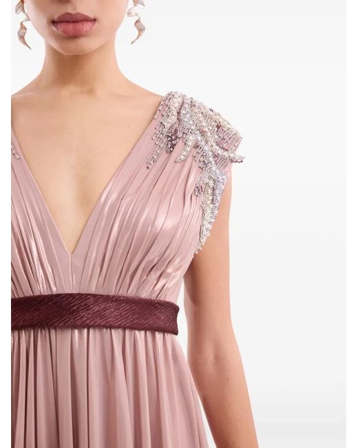 Gemy Maalouf Pink Pleated Bead-Embellished Maxi Dress