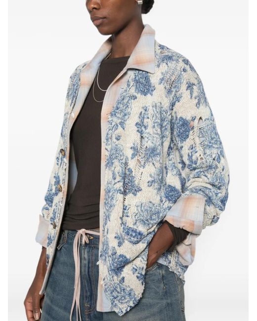 R13 Blue Floral-Print Distressed Cardigan