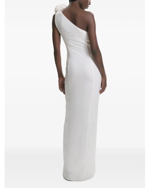 Lita Couture White Rosette-Appliqué One-Shoulder Maxi Dress