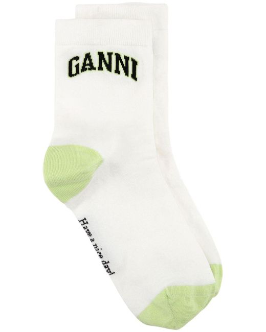 Ganni White Logo-intarsia Colour-block Socks