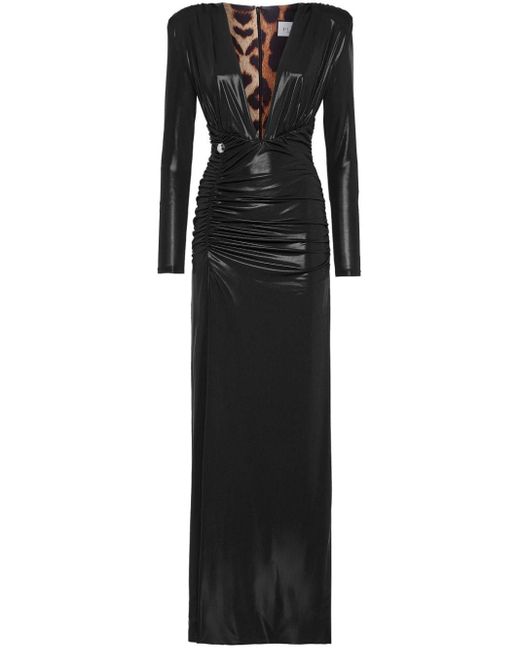 Philipp Plein Black Ruched Lamé-effect Maxi Dress
